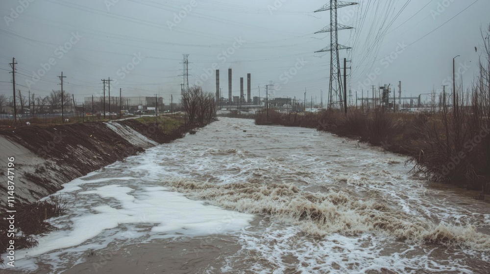 A turbulent river flows through an industrial area under a cloudy sky, showcasing the impact of heavy rain and potential flooding.