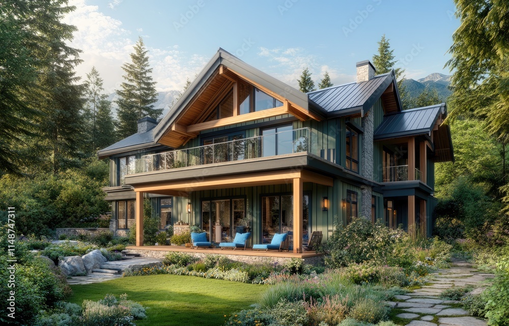 A beautiful home in the mountains of British Columbia, Canada, overlooking the river with an outdoor patio and blue awning roof. A beautiful home in the mountains of British Columbia, Canada, overlooking the river with an outdoor patio and blue awning roof.