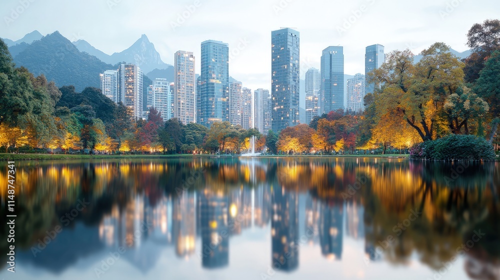 Fototapeta premium City skyline reflected in calm lake at dusk, autumn foliage.