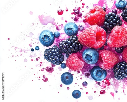 Fresh raspberries, blackberries, and blueberries scattered on a white background with berry juice splatter.