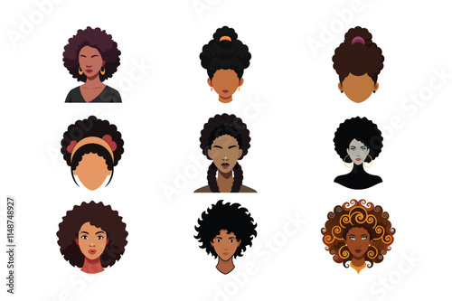 Trendy Curly Afro Hairstyles African Women Vector Line Art Collection