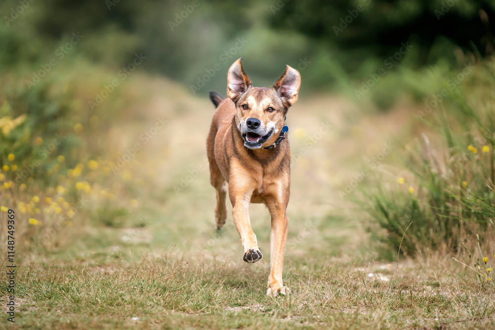 Romanian Street Rescue dog in the UK in the summer on a run