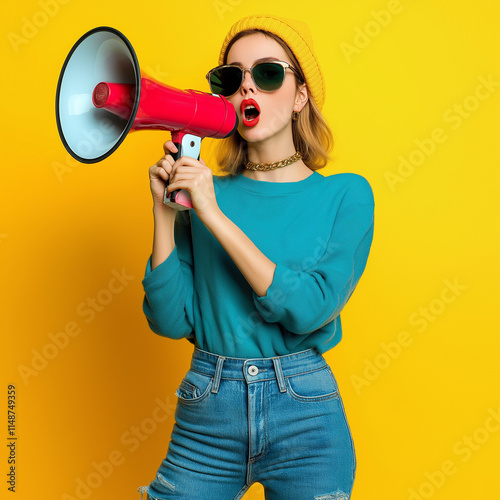 Trendy young woman in sunglasses holding a megaphone, making a bold statement on International Women's Day