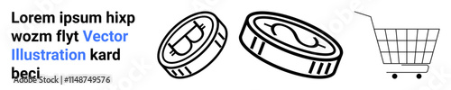 Black and white sketch of two coins beside a shopping cart and placeholder text. Ideal for e-commerce financial transactions digital marketing online retail and shopping ads. Banner for landing page