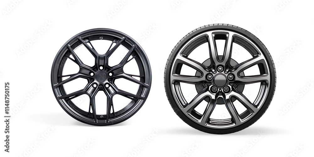 Sleek Black Alloy Wheel with Mulch-Spoke Design on a Transparent Background Sleek Black Alloy Wheel with Mulch-Spoke Design on a Transparent Background