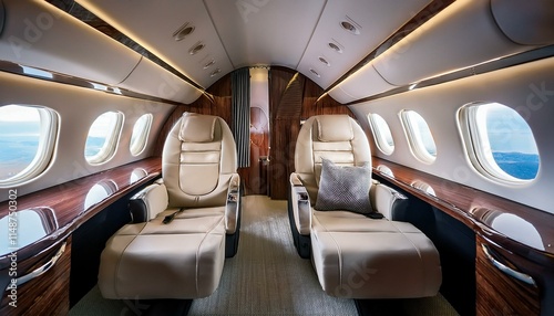 The interior of a premium business class or private plane. Spacious and luxurious seating arrangement