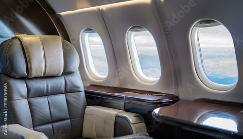 The interior of a premium business class or private plane. Spacious and luxurious seating arrangement