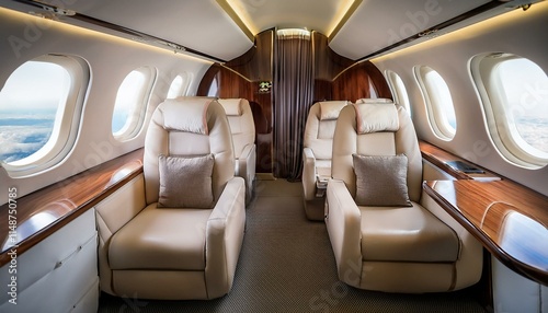 The interior of a premium business class or private plane. Spacious and luxurious seating arrangement