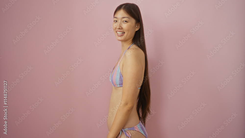 Beautiful chinese woman smiling over isolated pink background in a studio setting portraying confidence and natural beauty Beautiful chinese woman smiling over isolated pink background in a studio setting portraying confidence and natural beauty