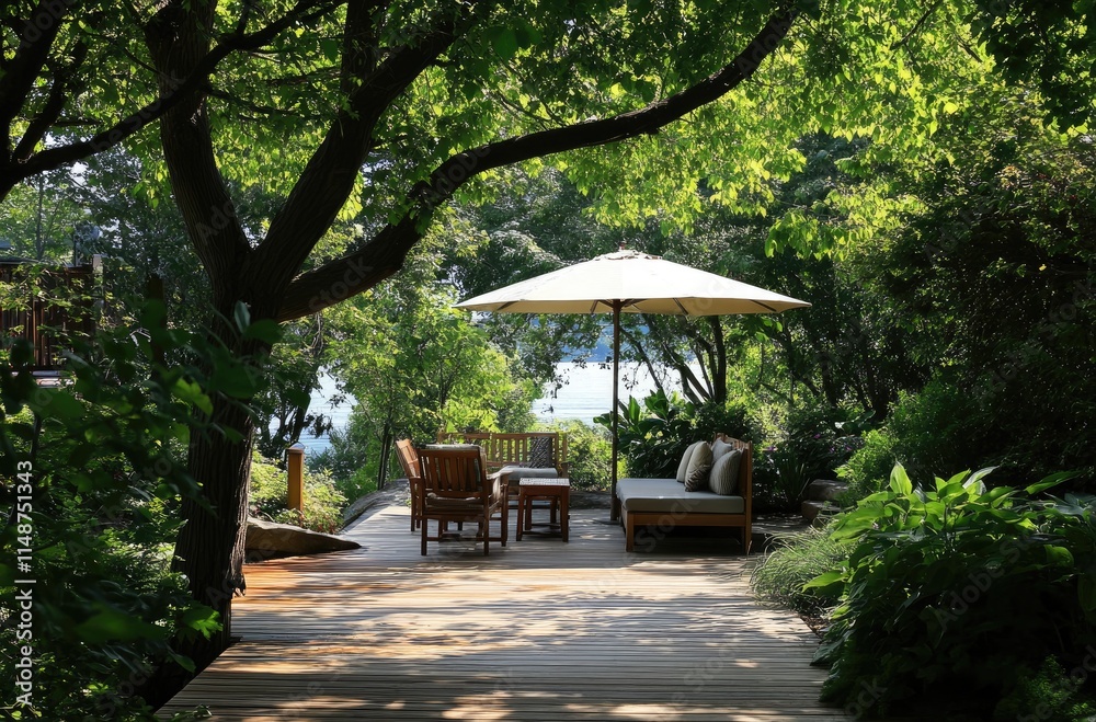 A spacious wooden deck with outdoor seating and lounge chairs, surrounded by lush green trees under the clear blue sky A spacious wooden deck with outdoor seating and lounge chairs, surrounded by lush green trees under the clear blue sky