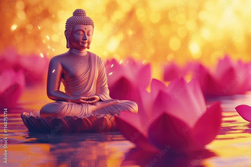buddha sitting on lotus flower with golden light radiating from him, pink and yellow background buddha sitting on lotus flower with golden light radiating from him, pink and yellow background