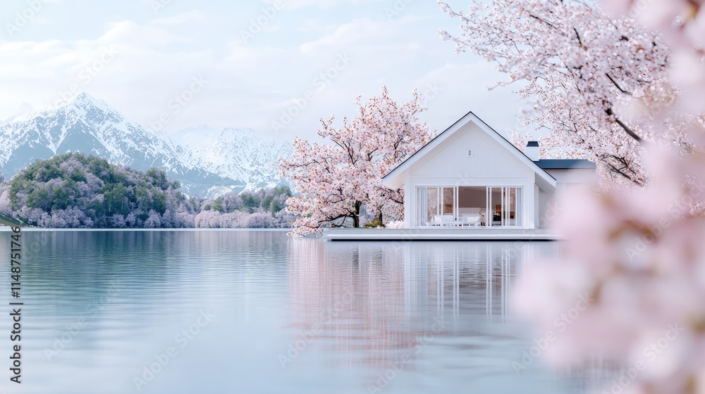Serene lakeside house with blossoming cherry trees and mountain view. Serene lakeside house with blossoming cherry trees and mountain view.
