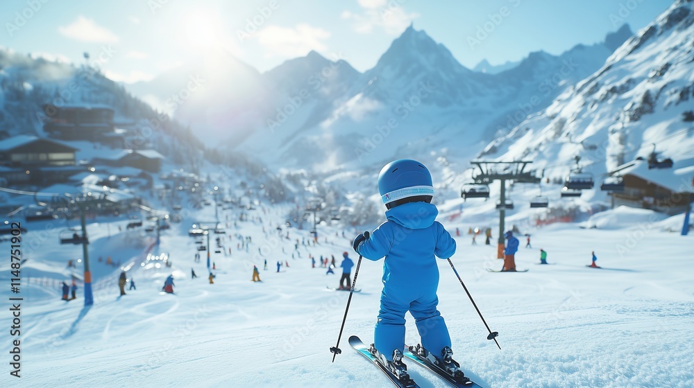 A baby in blue snowsuit and yellow ski boots learning to skiing on the sunny snowy slope. A baby in blue snowsuit and yellow ski boots learning to skiing on the sunny snowy slope.