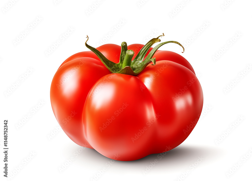 Red tomato with green leaf isolated on white. Red tomato with green leaf isolated on white.
