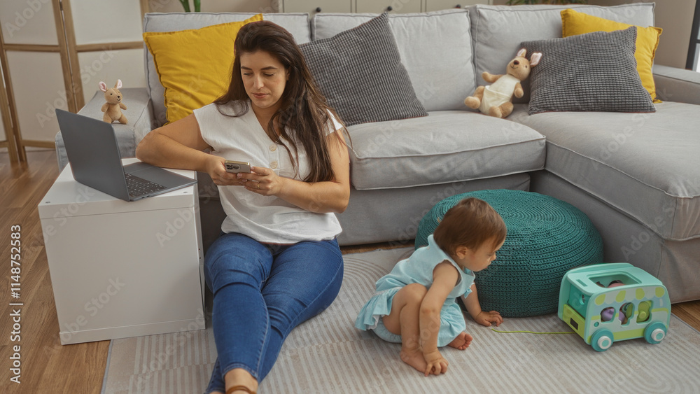 Woman sitting on floor with phone and laptop while toddler plays nearby in cozy living room. Woman sitting on floor with phone and laptop while toddler plays nearby in cozy living room.