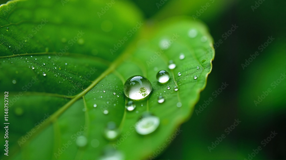 Dewdrops on a fresh green leaf close-up Dewdrops on a fresh green leaf close-up