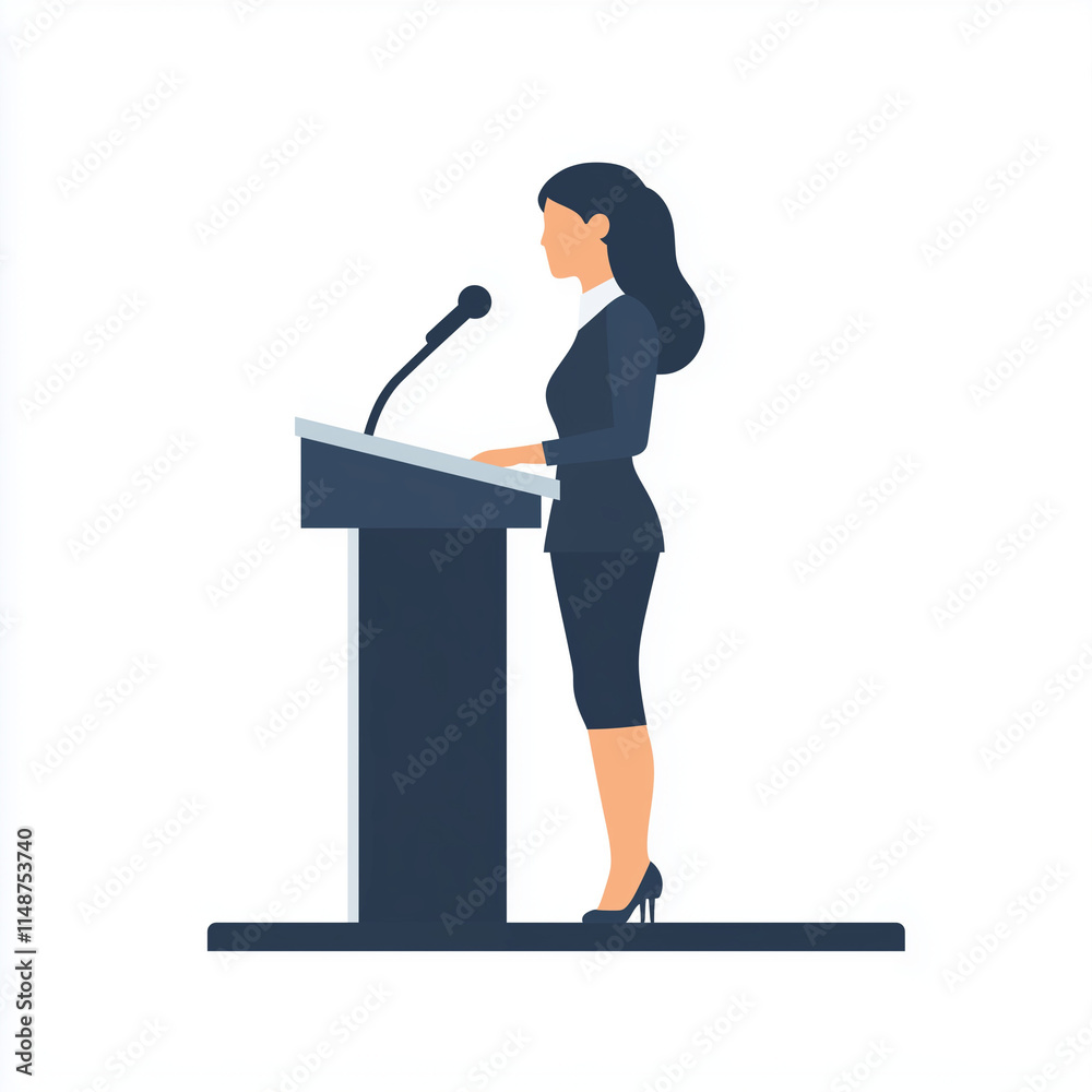 Illustration of a woman speaking at a podium, representing leadership and empowerment for International Women's Day Illustration of a woman speaking at a podium, representing leadership and empowerment for International Women's Day
