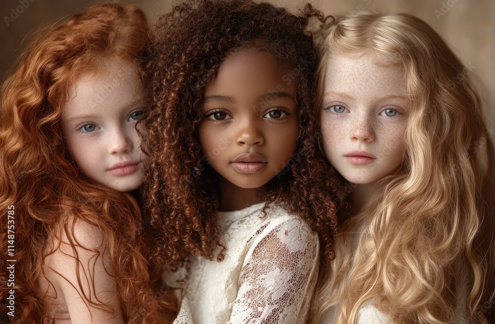 Three cute young girls: one girl with curly hair and dark skin wearing a beige top and brown cardigan Three cute young girls: one girl with curly hair and dark skin wearing a beige top and brown cardigan
