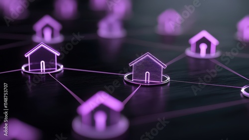 property loan and credit concept. Digital network of houses connected by lines, glowing in purple tones.