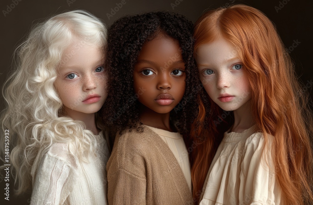 Three cute young girls: one girl with curly hair and dark skin wearing a beige top and brown cardigan Three cute young girls: one girl with curly hair and dark skin wearing a beige top and brown cardigan