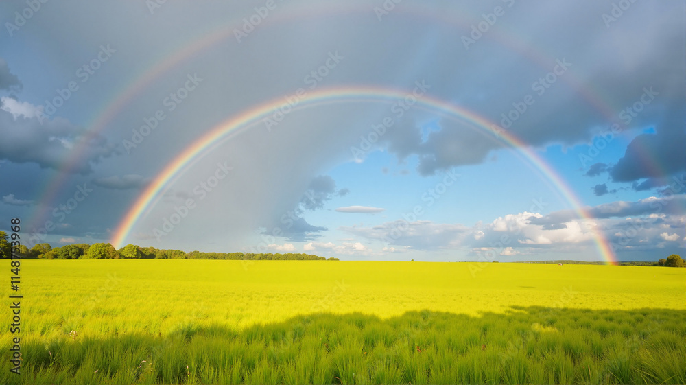 Naklejka premium Double rainbow over a green field with blue sky