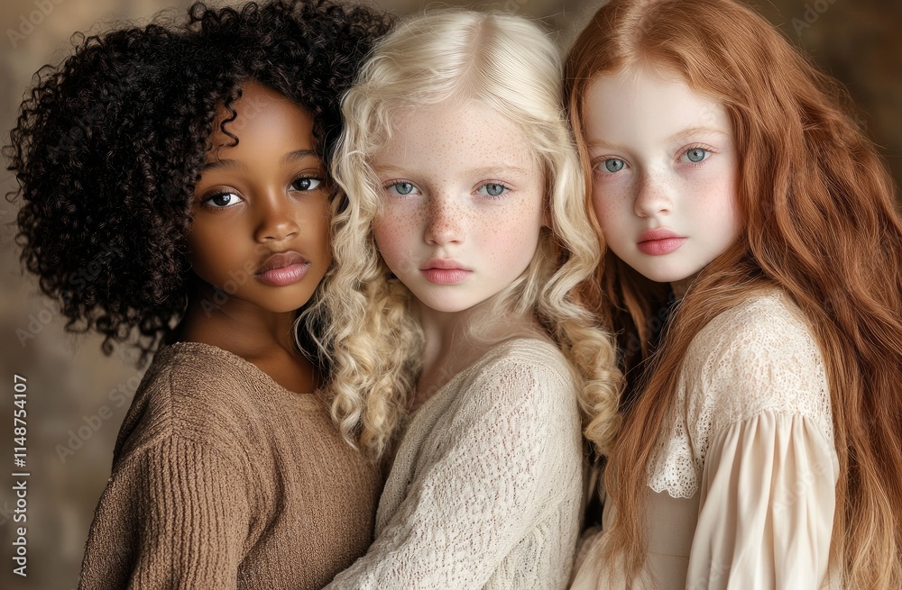 Three cute young girls: one girl with curly hair and dark skin wearing a beige top and brown cardigan Three cute young girls: one girl with curly hair and dark skin wearing a beige top and brown cardigan