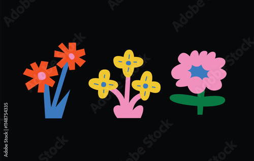 a colorful drawing of flowers with a blue star on the bottom.