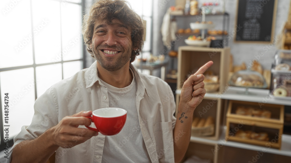 Young man enjoying coffee and pointing inside a cozy bakery shop with a welcoming smile. Young man enjoying coffee and pointing inside a cozy bakery shop with a welcoming smile.