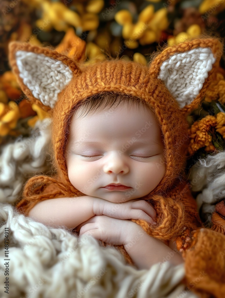 Adorable infant girl sleeping peacefully in a cozy fox-themed hat among autumn flowers. Adorable infant girl sleeping peacefully in a cozy fox-themed hat among autumn flowers.