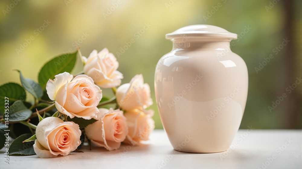 White urn with peach roses on a table White urn with peach roses on a table