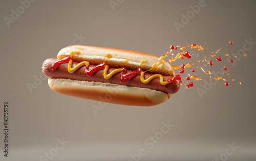 A hotdog flying with ketchup and mustard streaks dynamically suspended