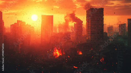 post-apocalyptic cityscape showcasing destroyed buildings, burning rubble, and a polluted environment, symbolizing chaos, devastation, and the collapse of civilization in a dystopian world photo