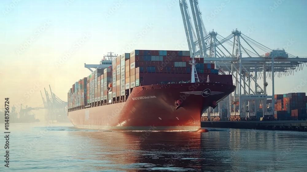 Fototapeta premium A large cargo ship navigating through calm waters at a bustling port.