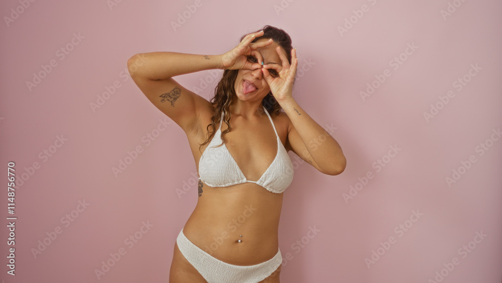 Obraz premium Attractive brunette woman making a playful binoculars gesture with her hands over her eyes, sticking out tongue, in white bikini against an isolated pink background