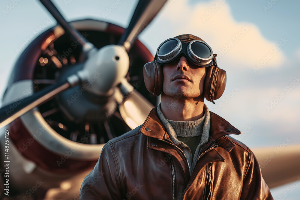 Fototapeta premium A retro-themed image of a pilot wearing a classic leather jacket and goggles, standing beside a vintage propeller plane.