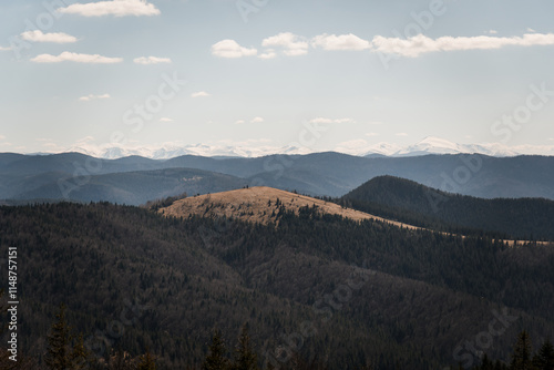Serene Mountain Landscape with Snow-Capped Peaks in the Distance