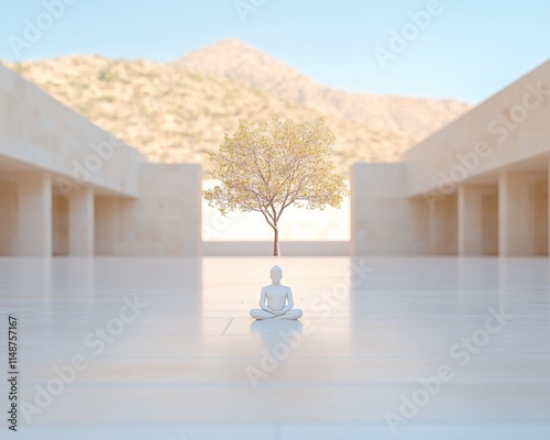 Meditative Silence in Tranquil Temple Courtyard Under Soothing Ambient Light