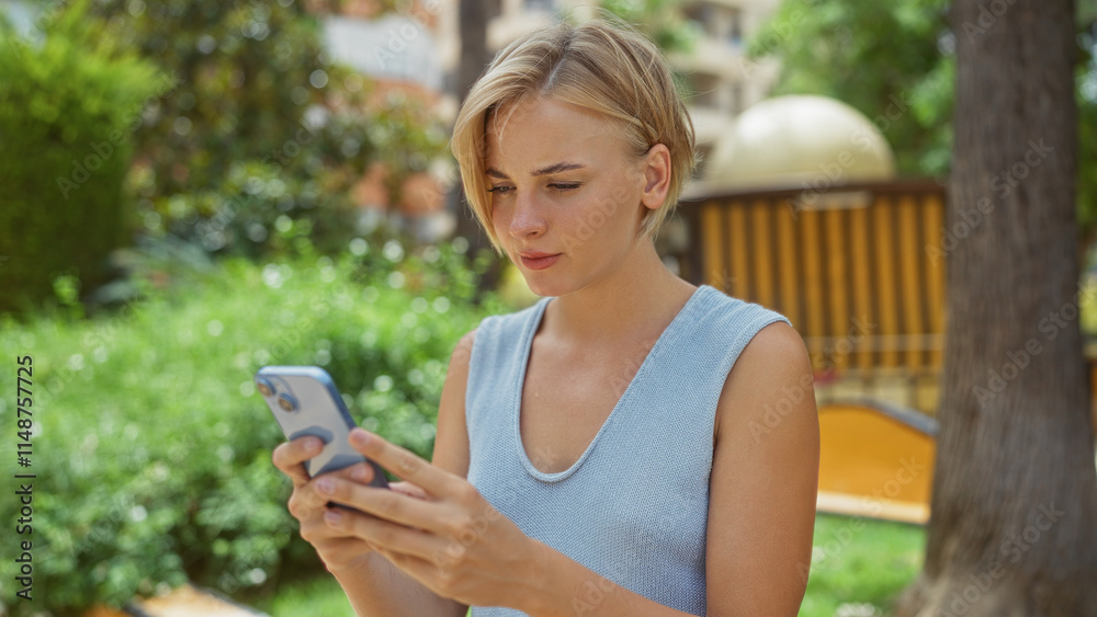 Young woman using smartphone in an urban park setting with short blonde hair and a focused expression, capturing the essence of modern connectivity in an outdoor environment Young woman using smartphone in an urban park setting with short blonde hair and a focused expression, capturing the essence of modern connectivity in an outdoor environment
