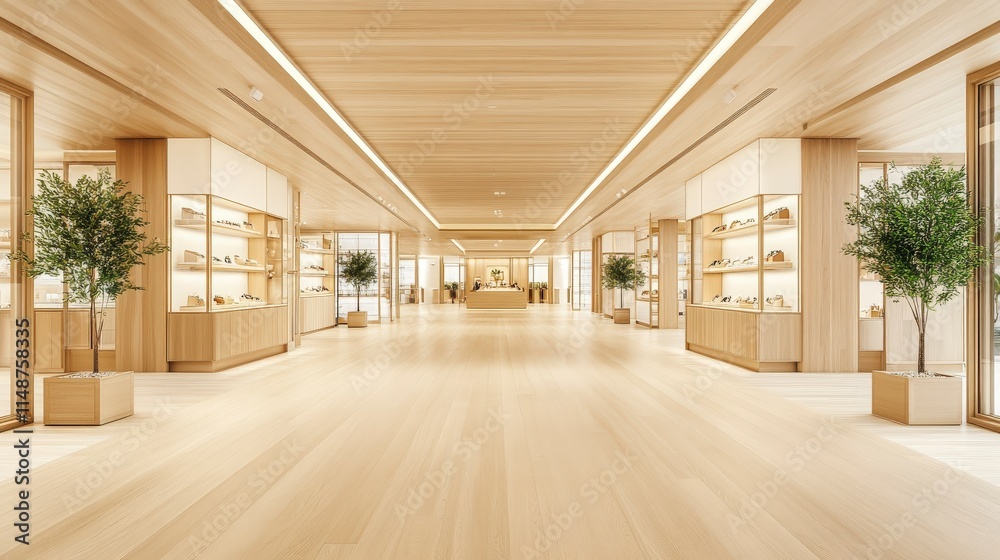 Modern interior view showcasing spacious design with wooden accents and elegant display cases. Modern interior view showcasing spacious design with wooden accents and elegant display cases.