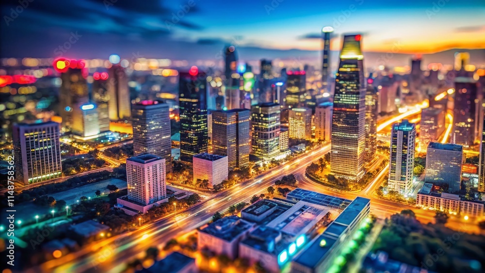 Beijing Nightscape: Aerial Tilt-Shift View of Downtown Skyline Beijing Nightscape: Aerial Tilt-Shift View of Downtown Skyline