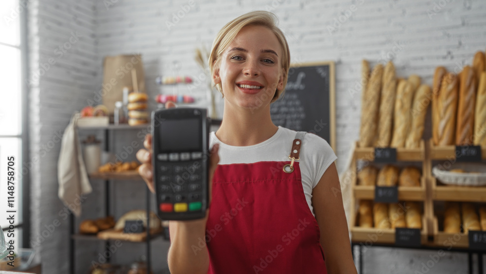 Woman wearing red apron smiling in bakery while holding a payment terminal, with shelves of bread in the background Woman wearing red apron smiling in bakery while holding a payment terminal, with shelves of bread in the background