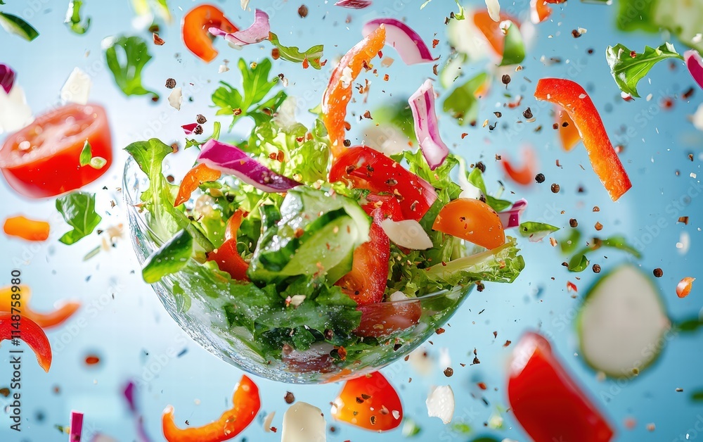 A vibrant salad exploding in the air with vegetables and dressing suspended A vibrant salad exploding in the air with vegetables and dressing suspended