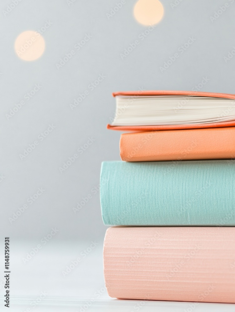 Pastel Book Stack on Minimalist Background with Soft Lighting Pastel Book Stack on Minimalist Background with Soft Lighting