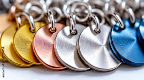 Close-up of Brushed Metal Discs on Keyrings - Variety of Colors and Finishes photo