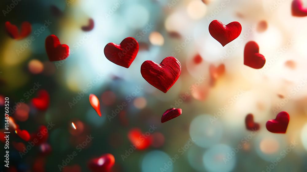 Red Hearts Gently Floating in the Air Against a Soft, Dreamy Background Red Hearts Gently Floating in the Air Against a Soft, Dreamy Background