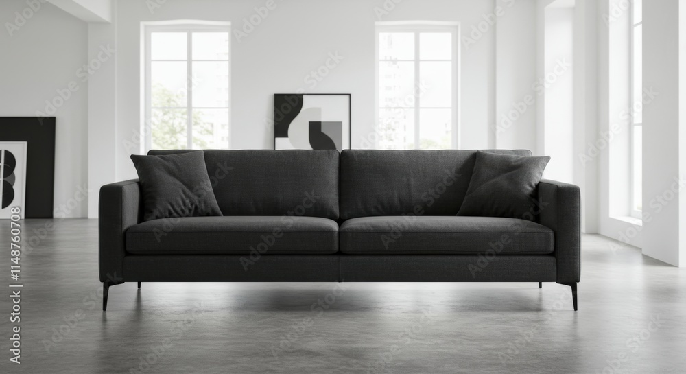 Fototapeta premium Dark Gray Sofa in Bright Modern Living Room