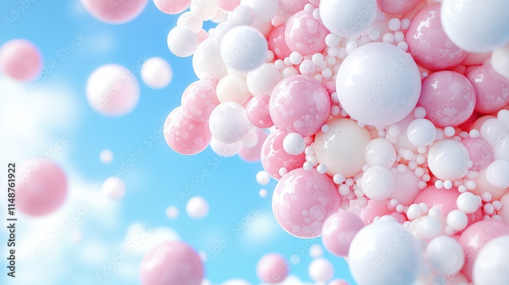 Pink and white spheres floating in a blue sky. Pink and white spheres floating in a blue sky.