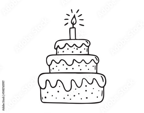 happy birthday cake doodle hand drawn icon. Outline drawing birthday cake with candles line clipart symbol