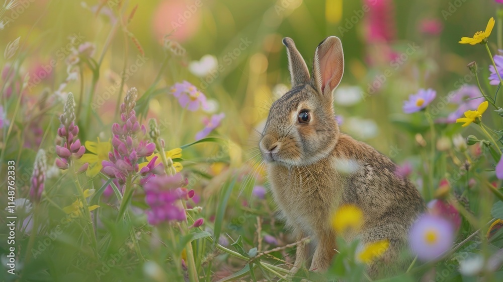 Fototapeta premium Wild rabbits Rabbit two (Oryctolagus cuniculus) juvenile baby animal amongst flowers on grassland, Suffolk, England, United Kingdom Many colorful flowers, beautiful