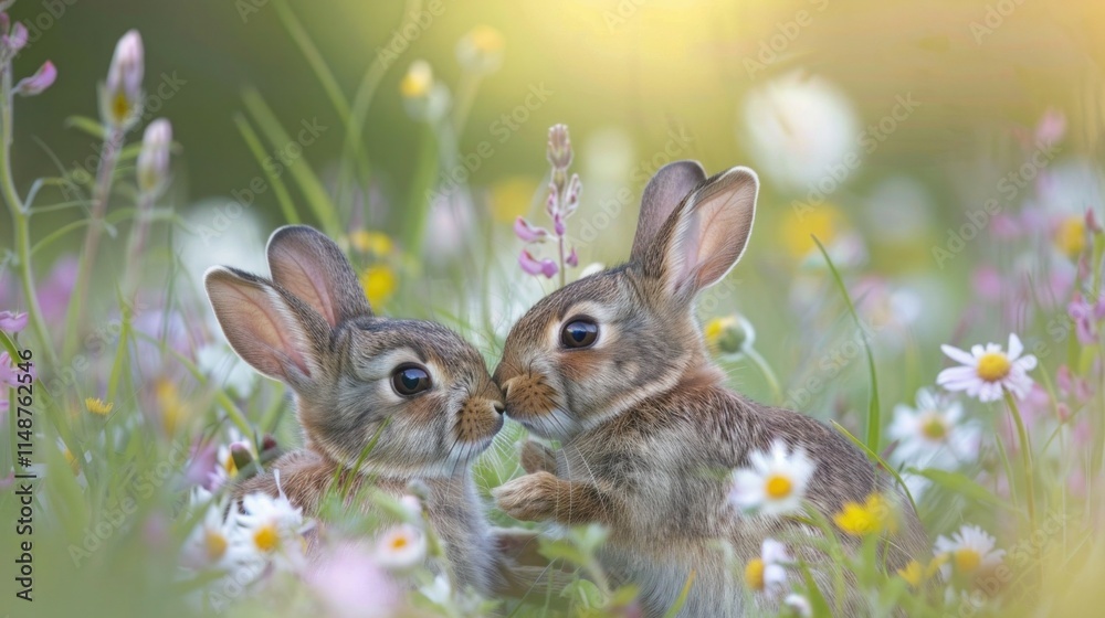 Fototapeta premium Wild rabbits Rabbit two (Oryctolagus cuniculus) juvenile baby animal amongst flowers on grassland, Suffolk, England, United Kingdom Many colorful flowers, beautiful